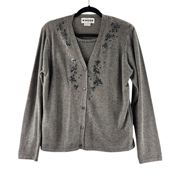 Beaded Sequined Sweater Top Faux Twinset szL Gray Joan Leslie 80s VTG One Piece - Picture 1 of 14